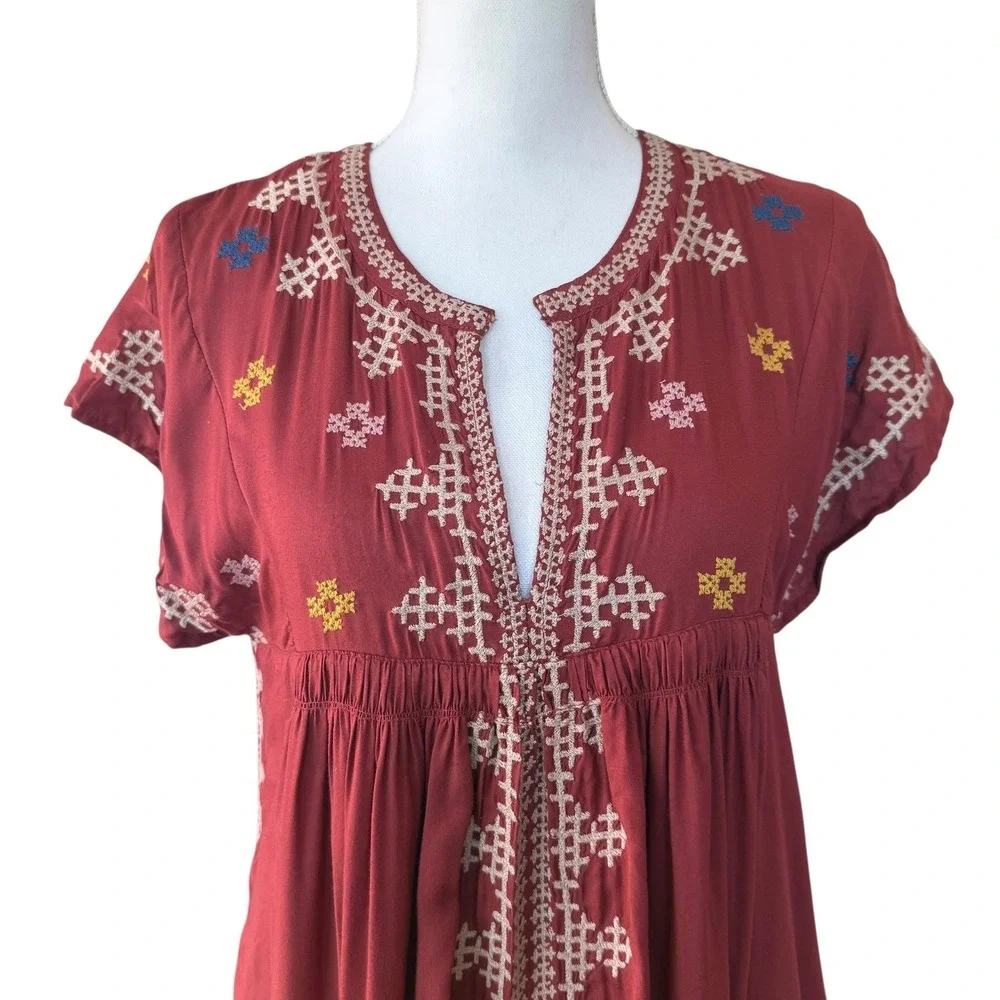 Sundance Embroidered Boho Tunic Dress Rust Red XS Short Sleeve Modal Lined